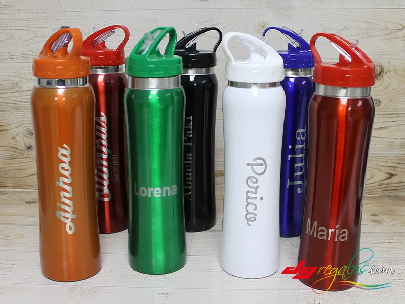 Bidón o botella de acero inoxidable grabado a láser ideal para escapadas o  el gimnasio con pajita incorporada - DGRegalos